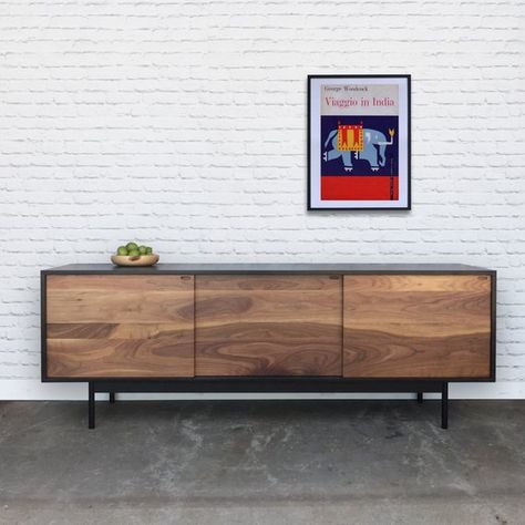 Roosevelt Credenza - Media Console in Ebony Finish & Solid Walnut - Metal Base - 75''. 3 Sliding Doors, Black Credenza, White Sideboard Buffet, Industrial Living Room Design, Retro Sideboard, Walnut Doors, Прикроватные Тумбочки, Hal Decor, Thanksgiving Sale