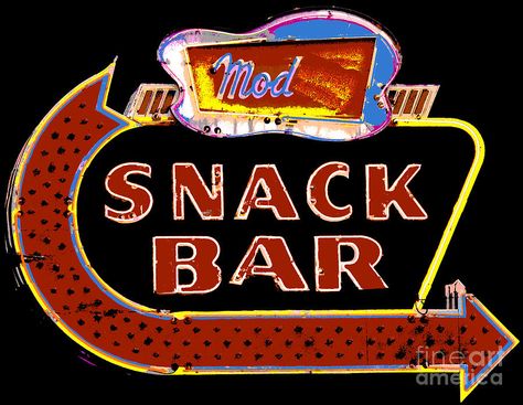 neon-vintage-snack-bar Snack Shack Sign, Snack Bar Sign, Art Snacks, Neon Vintage, Candy Bar Sign, October Ideas, Snack Shack, Bar Poster, Vintage Neon Signs