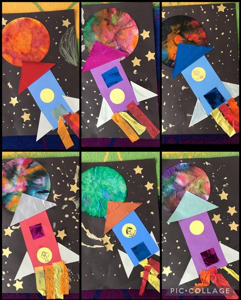 Kindergarten art • Instagram Coffee Filter Planets, Rocket Craft For Toddlers, Space Paper Craft, Space Art Activities, Tk Crafts, Space Activities Preschool, Outer Space Crafts, Paper Rockets, Space Art Projects