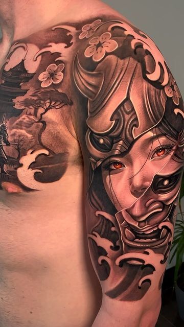 Japanese Bicep Tattoo Men, Behind The Mask Tattoo, Geisha Mask Tattoo, Japanese Arm Sleeve Tattoo, Tattoo Ideas For Men Japanese, Hayley Tattoo, Geisha Tattoo For Men, Chinese Sleeve Tattoos, Japanese Arm Sleeve