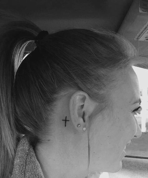 Small cross tattoo behind the ear Tattoos Behind Your Ear, Little Cross Tattoos, Ear Images, Small Cross Tattoos, Small Cross Tattoo, Behind Ear Tattoos, Cross Tattoos For Women, Cross Tattoos, Cross Tattoo Designs