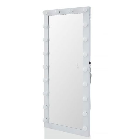 Why we love this Broadway Hollywood White Floor Mirror With 20 Light Bulbs 170cm   This floor mirror  is a Hollywood-inspired full-body mirror which elevates your home.   The mirror features a white frame which is equipped with 20 light bulbs.   The integrated lights ensure you get ready with plenty of light.   It features a large size which is perfect for getting ready.   It comes with a practical integrated USB-plug.  Dimmable lights let you adjust the brightness. Wall mountable for your conve Long Mirror In Bedroom With Lights, Preppy Full Body Mirror, Room Inspo Furniture, Large Mirror In Bedroom, Long Mirror In Bedroom, Mirror Wall Decor Bedroom, Large Standing Mirror, White Floor Mirror, Dimmable Lights