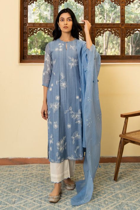 Buy Vaayu Blue Muslin Cotton Aari Embroidered Kurta Set Online | Aza Fashions Tie Dye Dupatta, Ladies Suit Design, Blue Kurta, Latest Dress Design, Simple Kurti Designs, Kurti Designs Latest, Casual Indian Fashion, Cotton Kurti Designs, Pakistani Dress Design