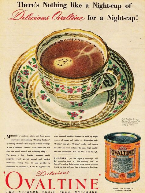 Ovaltine Drink, Vintage Food Posters, Tea Poster, 카드 디자인, 50s Vintage, Vintage Cookbooks, Old Ads, Vintage Typography, Food Poster