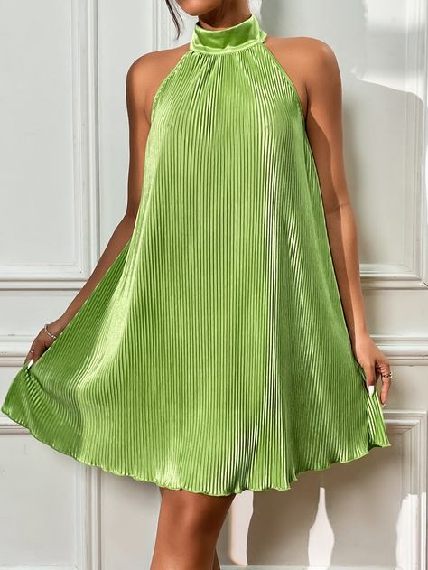 Green Casual Collar Sleeveless Fabric Plain A Line Embellished Slight Stretch  Women Dresses Pleated Fabric Outfits, Halter Neck Dress Casual, Pleated Fabric Dress, Textured Fabric Dress, Vestidos Sport, Chic Dress Classy, Funky Dresses, Dinner Dress Classy, Elegant Dresses Classy