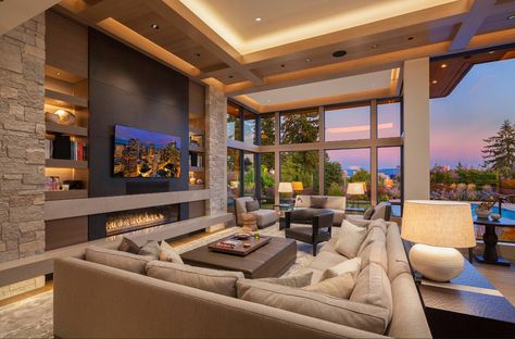 Contemporary Family Room, Modern Family Rooms, Living Room Design Inspiration, Luxury Homes Dream Houses, Dream House Interior, Family Room Design, Fireplace Design, Modern Room, Decoration Home