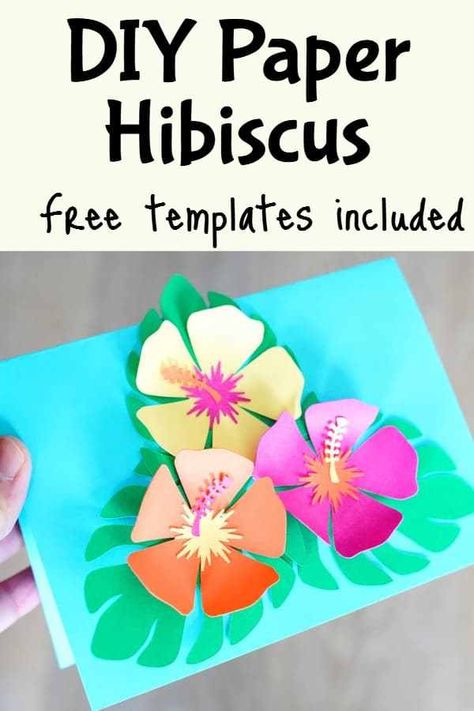 diy paper flower template and tutorial, free svg cut file, hawaiian paper flower hibiscus Diy Paper Hawaiian Flowers Easy, Hawaiian Flower Printable, How To Make Tropical Paper Flowers, Cricut Hibiscus Flower, Hawaiian Printables Free, Tropical Flower Svg Free, Hibiscus Flower Svg Free, Paper Hibiscus Flowers Diy, Hibiscus Flower Craft