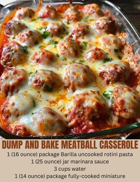 DUMP AND BAKE YOUR WAY TO A FANTASTIC MEATBALL CASSEROLE Pasta Dump, Dump And Bake Meatball Casserole, Meatballs Pasta, Dump And Bake, Meatball Dinner, Meatball Casserole, Meatball Recipes Easy, Meatball Bake, Baked Pasta