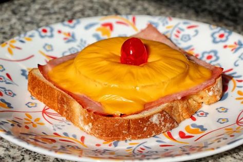 Toast Hawaii, a German snack | Sandwich Tribunal German Sandwiches, German Cusine, Pineapple Glaze For Ham, German Snacks, English Cheese, Toast Hawaii, German Dishes, Country Food, Pineapple Ham