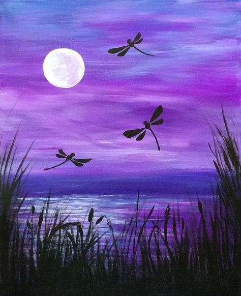 Dragonfly Painting, Images D'art, Acrylic Painting Ideas, Silhouette Painting, Easy Canvas Painting, Canvas Painting Diy, Simple Acrylic Paintings, Night Painting, Beginner Painting