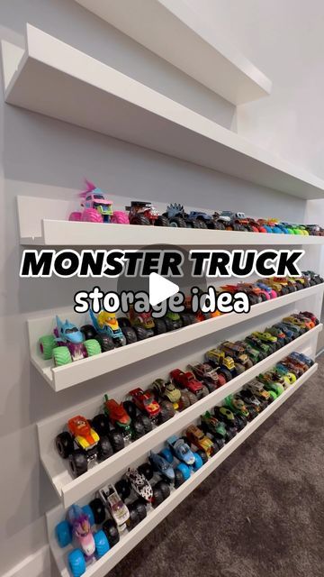 1.8M views · 47K likes | Amanda Ackling on Instagram: "Better than scattered all over the house am I right?!  #monstertruck #monstertrucks #monsterjam #monstertruckstorage #hotwheels #hotwheelscollector #hotwheelsaddict #hotwheelspics #storage #toystorage #toystorageideas #organise #organising #organised #mum #mumlife #mums #mumblog #mumblogger" Monster Jam Toy Storage, Toy Trucks Storage, Shelf For Monster Trucks, Hot Wheel Storage For Toddlers, Monster Truck Display Shelf Boy Rooms, Hot Wheel Organization Storage Ideas, Monster Jam Storage Ideas, Monster Truck Storage Ideas Diy, Hot Wheel Bedrooms Ideas