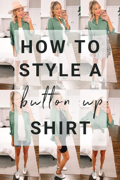 If a chambray shirt and a utility jacket are two of your wardrobe staples, then this post is for you! Today I am sharing how to style a button up shirt. More specifically, I am sharing 8 ways to wear a utility shirt. The army green is so much fun! #buttonupshirt #utilityshirt #armygreenshirt #utilityjacket #howto #chambrayshirt Style A Button Up Shirt, Shirt Over Dress, How To Wear Shirt, Cute Ankle Boots, Outfit Inspiration Women, Shirt Dress Outfit, Utility Shirt, Grooming Tips, White Button Down Shirt