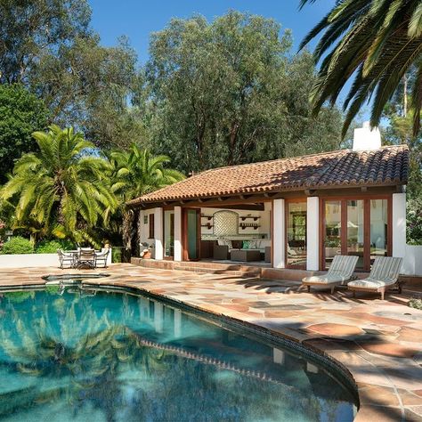 Spanish Pool - Photos & Ideas | Houzz Casita Pool House, Hacienda Style Pool, Spanish House Pool, Spanish Pool Design, Spanish Tile Pool, Mediterranean Backyard Pool, Spanish Style Pool, Pool Casita, Brick Pool