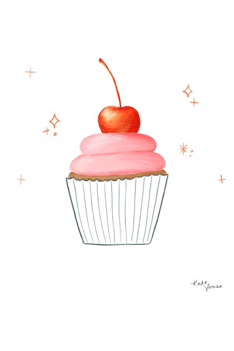 Cute cupcake with pink frosting and a cherry on top. Hand drawn illustration drawing. Simple colored pencil digital art, fruit birthday cupcake. Created by Kate Vories Cupcake With Cherry On Top, Mood Illustrations, Draw Cupcake, Pencil Digital Art, Advance Drawing, Draw A Cupcake, Cupcakes Illustration, Cherry Illustration, Cherry Drawing