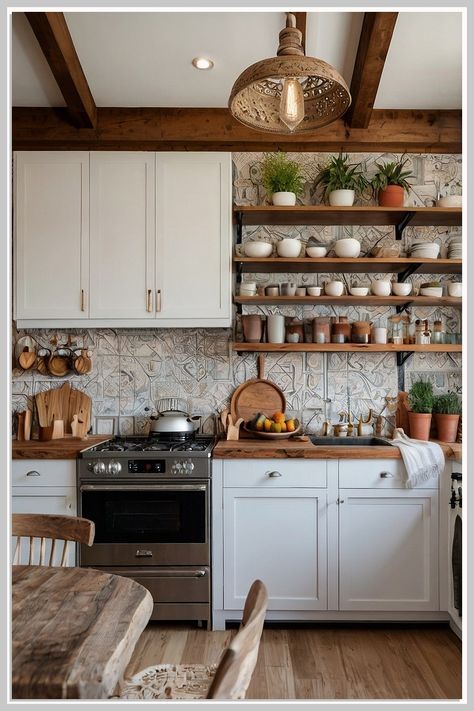 Transform your kitchen into a boho paradise with these 6 useful kitchen ideas for stunning boho decor you'll love. Discover creative ways to incorporate earthy tones, eclectic patterns, and natural materials that bring warmth and style to your space. From unique storage solutions to vibrant accents, these tips will inspire you to create a cozy and inviting atmosphere that reflects your personality. Elevate your kitchen decor with these boho-inspired ideas today! Earthy Kitchen White Cabinets, Southwest Kitchen Ideas, Modern Boho Kitchen Decor, Modern Mexican Kitchen, Boho Home Decor Kitchen, Farmhouse Boho Kitchen, Rustic Boho Kitchen, Earthy Kitchen, Kitchen Wall Decor Ideas