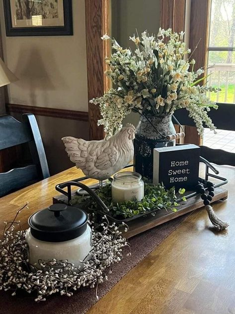 French Country Dough Bowl Decor, Dough Bowl Fireplace Decor, Kitchen Dough Bowl Ideas, Kitchen Table Tray Centerpiece, Fall Dining Table Decor Ideas Farmhouse, Fall Kitchen Island Centerpiece, Farmhouse Centerpieces For Kitchen Table, Fall Farmhouse Table Centerpieces, Table Top Tray Decor