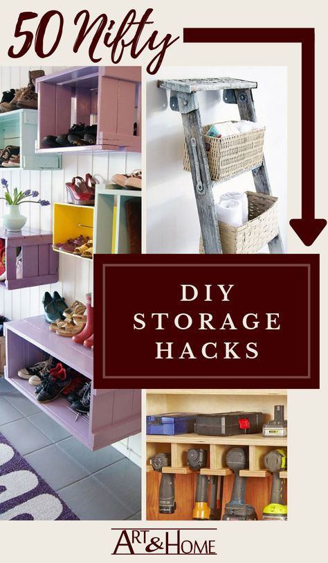 These clever and creative DIY storage ideas will help you maximize your space and minimize the clutter in your home by giving you a place to store things until they are needed. #Storage #Organization #Cleaning #Home #HomeHacks https://artandhome.net/diy-storage-ideas/ Diy Easy Storage Ideas, Diy Storage And Organization, Diy Wall Storage Ideas, Diy Storage Tower, Diy Hanging Storage, Diy Wall Storage, Vertical Storage Ideas, Diy Storage Coffee Table, Ikea Cubbies