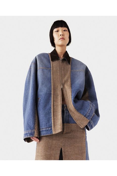 Refreshed for Winter 2024, this jacket is a continuation of Stella McCartneys diced-and-spliced fusions seen in her Autumn 2024 collection. Crafted from organic cotton denim, its shaped to a boxy outline stitched with tweed paneling inspired by Stellas own garden pathways.     Color: Beige tweed and blue denim   Corduroy collar   Faded vintage wash   Garden path-inspired tweed paneling   Two pockets   Double zipper fastening   Made in Italy     Our organic cotton is responsibly sourced and GOTS- Garden Pathways, Panel Jacket, Boxy Jacket, Barn Jacket, Boy Outerwear, Short Denim Skirt, Autumn 2024, Twill Jacket, Garden Path