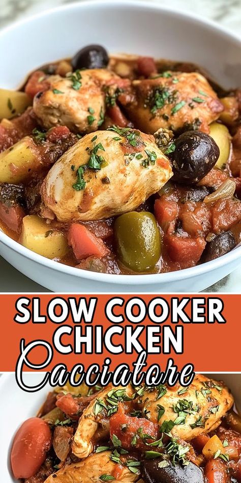 🍲 Slow Cooker Chicken Cacciatore - The perfect easy weeknight dinner for busy families! 🙌 This delicious Italian-inspired dish is packed with tender chicken, flavorful tomatoes, bell peppers, and herbs, all cooked to perfection in a slow cooker. 🏡 Save this Pin now and try it for your next meal! 🍽️ #SlowCookerRecipe #ChickenCacciatore #EasyDinnerIdeas #WeeknightMeals #ItalianRecipes Slow Cooker Dinner Party Recipes, Chicken Catchatori Recipe Slow Cooker, Chicken Cachetori Recipe, Chicken Catchatori Recipe, Chicken Cacciatore Easy, Slow Cooker Chicken Cacciatore, Slow Cooker Chicken Thighs, Cacciatore Recipes, Chicken Cacciatore Recipe