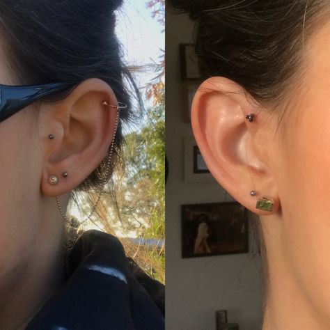 Right ear: forward helix double lobe; jewelry: green topaz and sterling silver stud, stainless steel push front ball, tri point cartilage push front Left ear: double lobe and tragus + faux helix; jewelry: mimco pearl and rose gold plated stud and faux ring, stainless steel push front ball, bioplast cartilage stud #earparty #curatedear Lobe Piercing Aesthetic, Helix And Lobe Piercing, Helix Jewelry, Green Topaz, Forward Helix, Cartilage Stud, Ear Party, Lobe Piercing, Sterling Silver Studs