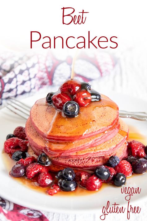 These easy Beet Pancakes are sweet and colorful. Their pink color makes them perfect for Easter or Valentine's Day. Beet Pancakes, Gluten Free Banana Pancakes, Almond Pancakes, Vegan Pancake Recipes, Pancake Mix Recipes, Kids Breakfast, Vegan Easter, Beet Smoothie, Vegan Breakfasts