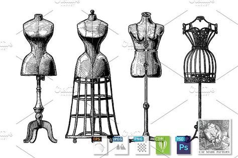 Set of dress form by CatMadePattern on @creativemarket Mannequin Drawing, Adjustable Dress Form, Form Drawing, Adjustable Dress, Vintage Mannequin, Mannequin Dress, Dress Stand, Dress Drawing, Hand Drawn Illustration