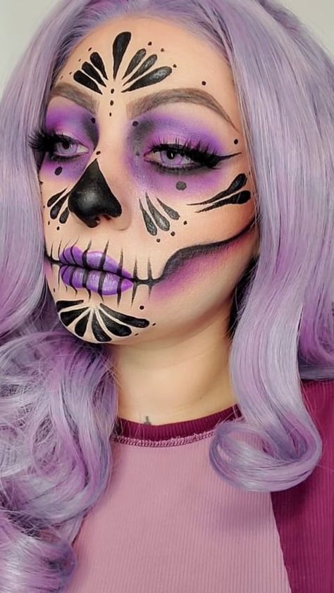 Pastel Skeleton Makeup, Purple Dia De Los Muertos Makeup Ideas, Catrina Kids Makeup, Purple Day Of The Dead Makeup, Purple Skeleton Makeup, Skeleton Makeup Colorful, Blue Sugar Skull Makeup, Purple Catrina Makeup, Skull Makeup Colorful