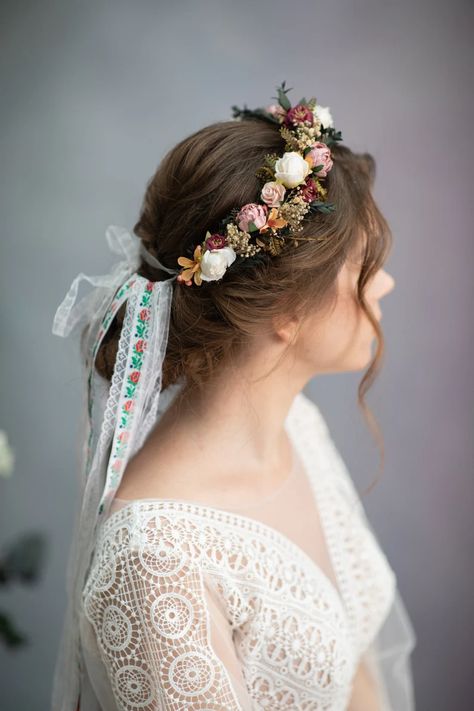 Folk Flower Hair Crown Bridal Flower Hair Wreath With Folk - Etsy Flower Crown Updo, Wedding Dusty Pink, Hair Crown Wedding, Flower Hair Crown, Flower Wreath Hair, Wedding Hairstyles And Makeup, Wedding Hairstyles For Medium Hair, Wedding Hair Up, Pink And Burgundy