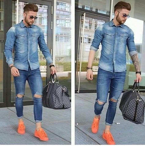 Orange Dress Shoes, Orange Shoes Outfit, Mens Casual Outfit, Orange Pants Outfit, Shoes Outfit Ideas, All Denim Outfits, Outfit Ideas Men, Orange Streetwear, Looks Jeans