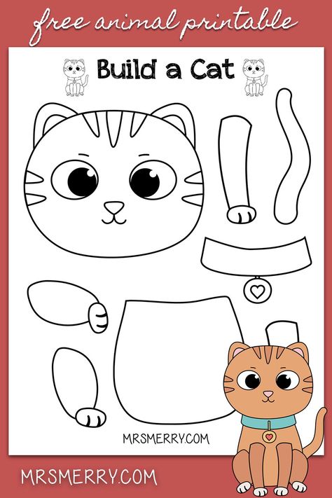 Build a little kitten with our free build-a-cat craft. This 1-page print out will keep your kids busy and entertained. #freekidsprintables #indooractivitiesforkids #prekactivitiesathome #googleclassroom #buildacat #buildadog #kindergartencrafts #keepkidsbusy #buildactivitiesforkids #mrsmerry Cat Crafts Preschool, Puppy Crafts, Pets Preschool Theme, Cat Template, Kindergarten Art Projects, Cat Activity, Worksheets For Kindergarten, Printables Free Kids, Free Printable Art