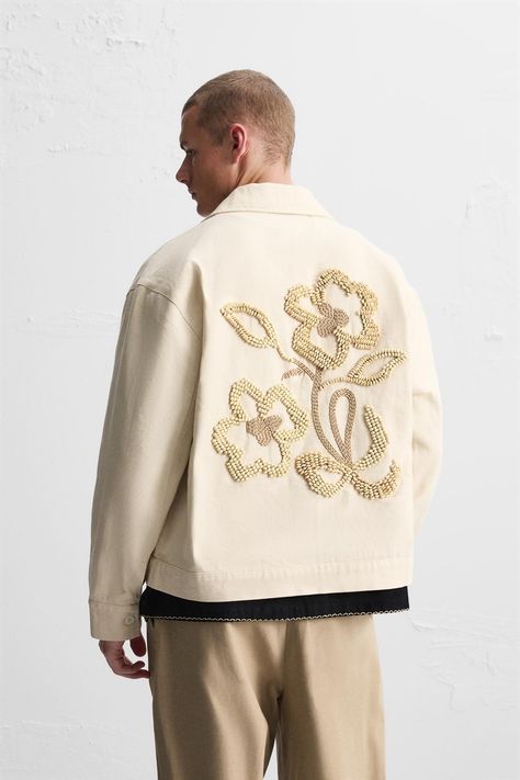 JACKET WITH EMBROIDERED BEADS - Ecru | ZARA United Kingdom Embroidered Beads, Collared Jacket, Textil Design, Beaded Jacket, Textured Canvas, Jackets Men Fashion, Cardigan Sweater Jacket, Tshirt Skirt, Streetwear Men Outfits