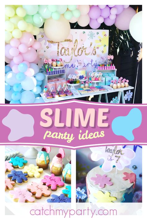 Feat your eyes on this amazing slime themed birthday party! The dessert  table will blow your mind! See more party ideas and share yours at CatchMyParty.com #catchmyparty #partyideas #slimeparty #girlbirthdayparty Slime Theme Birthday Party, Slime Making Birthday Party Ideas, Slime Party Cupcakes, Slime Themed Birthday Party Treats, Slime Party Theme, Slime Themed Birthday Party Decorations, Slime Bday Party Ideas, Slime Party Food, Slime Birthday Party Food Ideas