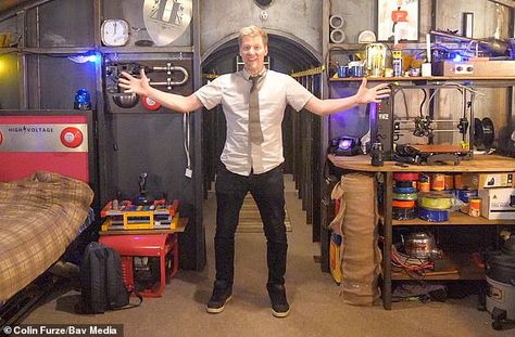 YouTuber Colin Furze has made himself an underground bunker in his back garden and kitted ... Colin Furze, Sky Tv, Underground Bunker, Drum Kit, Farm Heroes, Drum Kits, Back Garden, Tv, Building