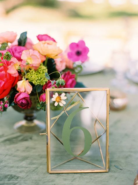 A Rustic, Flower-Filled Wedding at Greengate Ranch & Vineyard in San Luis Obispo County, California. Pressed flower table numbers. Gold frame table numbers. Rustic table numbers. Pressed flowers. Boho table numbers. Wedding signs. Glass Table Numbers, Flower Table Numbers, Framed Table Numbers, Pink Flower Arrangements, Rustic Table Numbers, Colorful Centerpieces, Rustic Wedding Bands, Rustic Bride, Colorful Invitations