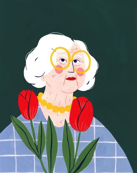 Cute Portrait Illustration, Illustration On Photo, Grandma Illustration, Tulip Illustration, Mom Illustration, Character Design Disney, Drawing Gouache, Portraits Illustrés, Posters Conception Graphique