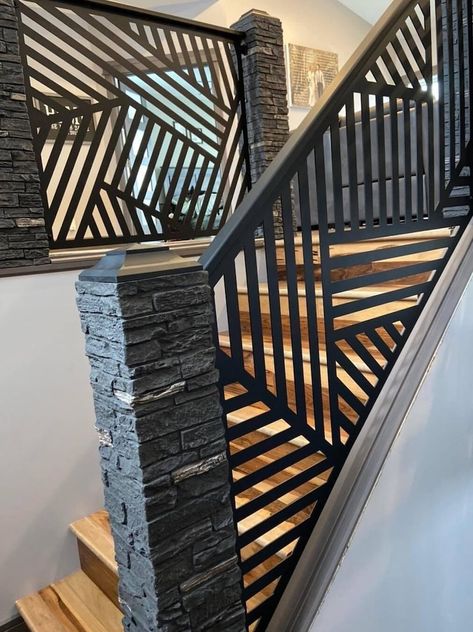 Geometric Railing Insert DXF File - Etsy Iron Hand Rails For Stairs, Loft Stair Railing Ideas, Black And White Stair Railing, Hand Rails For Stairs Modern, Railing Design Stairs, Black Staircase Railing, Bannister Makeover, Opening Up Staircase Wall, Steel Handrail Design