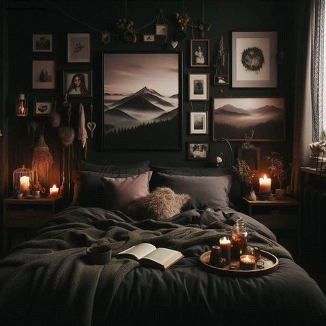 9 Dark Cozy Romantic Bedroom Tips: Embrace Warm, Moody Colors and Layer Textiles for the Perfect Ambiance - Dark Cozy Romantic Bedroom  Include Personal Touches, dark cozy romantic bedroom ideas, dark cozy romantic bedroom design, dark cozy romantic bedroom decor, dark cozy romantic bedroom interior, dark cozy romantic bedroom inspiration #cozybedroom #bedroom #darkcozy #romanticbedroom #bedroomideas #smallbedroom Dark Painted Walls Bedroom, Black Vintage Bedroom Ideas, Goth Bedroom Apartment, Gothic Cozy Bedroom, Moody Ocean Bedroom, Dark Cozy Bedroom Aesthetic, Dark Bedroom Ideas Black, Dark Bedding Aesthetic, Cozy Bedroom Aesthetic Dark