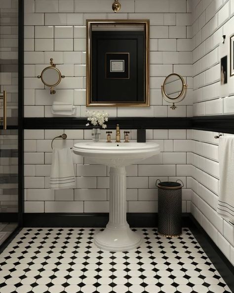 40 Vintage Bathroom Ideas - Home Soils Black And White Retro Bathroom Ideas, 1920s Master Bath, White And Black Tiles Bathroom, Updated Vintage Bathroom, Black And White Traditional Bathroom, Retro Glam Bathroom, London Bathroom Ideas, 80s Aesthetic Bathroom, Black And White Vintage Bathroom Ideas