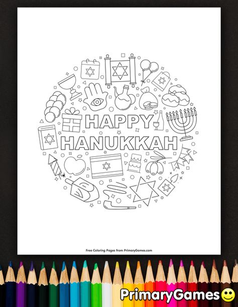 Free printable Hanukkah Coloring Pages eBook for use in your classroom or home from PrimaryGames. Print and color this Happy Hanukkah coloring page. Hannukah Printables, Hanukkah Coloring Pages, Hanukkah Preschool, Hannukah Crafts, Hanukkah Art, Holiday Worksheets, Hanukkah Crafts, Mindfulness Colouring, Chanukah Party