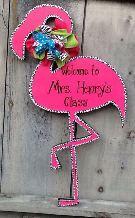 Welcome summer with this fun pink flamingo door hanger!  Item is hand painted with acrylics and has an animal print trim. Any trim can be added just choose when ordering.  Personalization Ideas: - Happy Summer - Welcome - Family's Last Name  - Single Initial Item is made of wood + sealed with a protective finish. The bow is multi fabric Preppy Classroom, Flamingo Classroom, School Door Hanger, Pineapple Classroom, Girls Room Sign, Teacher Door Hanger, Pineapple Theme, Teacher Door Hangers, Teacher Door