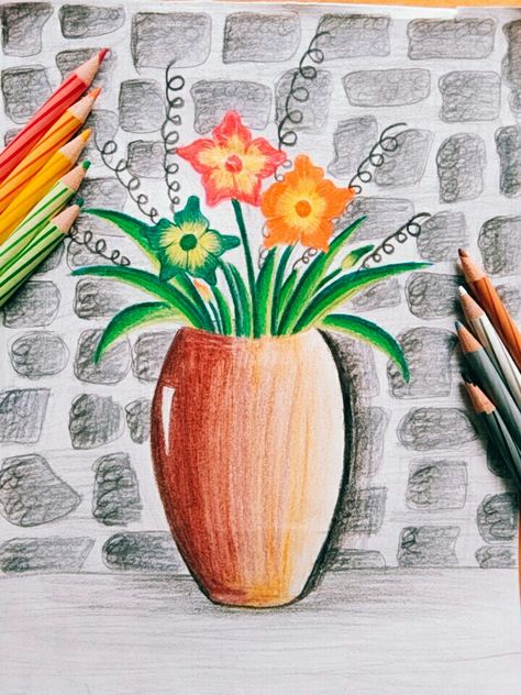 Flower pot Flower Pot Drawing For Kids, Flower Pot Drawing With Colour, Pencil Colour Drawing Flower, Easter Wishes Quotes, Flower Pot Drawing, Pot Drawing, Diy Embroidery Flowers, Streets Photography, Scenery Drawing For Kids