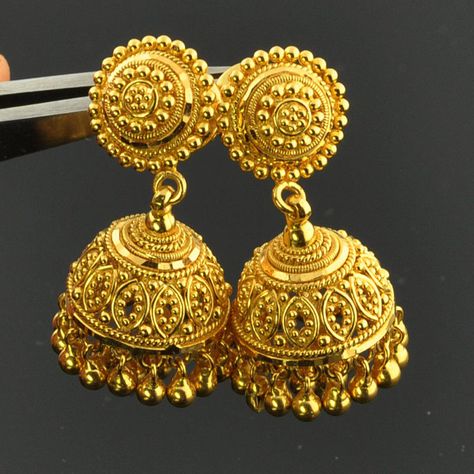 22k Solid Yellow Gold Post Earrings With Backs PAIR Jhumka Designs, Gold Jhumka Earrings, Perhiasan India, Gold Jewelry Outfits, Gold Bridal Earrings, Gold Jewelry Stores, Wedding Jewellery Collection, Gold Ring Designs, Gold Jewelry Earrings