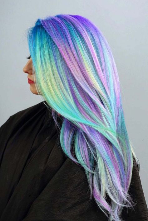 Exotic Hair Color, Unicorn Hair Color, Holographic Hair, Hair Colour Design, Mermaid Hair Color, Galaxy Hair, Vivid Hair Color, Rainbow Hair Color, Cute Hair Colors