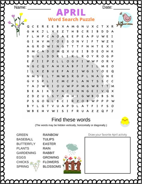 A word search puzzle about the month of April.  This April word search puzzle is a free printable PDF featuring 16 words. April Word Search, Spring Word Search Free Printable, April Worksheets, Diy Mini Album Tutorial, Spring Word Search, Word Puzzles For Kids, Learning Websites For Kids, Printable Crossword Puzzles, Spring Worksheet