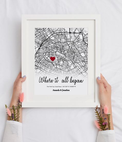 Where We Met Map, Map Anniversary Gift, Personalized Engagement Gifts, Cute Couple Gifts, Engagement Gifts For Couples, Just Engaged, Where It All Began, Personalized Map, Map Gifts