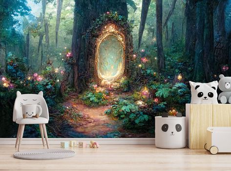 Forest Houses, Lotus Wallpaper, Kindergarten Wallpaper, Forest Gift, Forest Watercolor, Large Wall Decals, Forest Mural, Fairy Forest, Forest Nursery