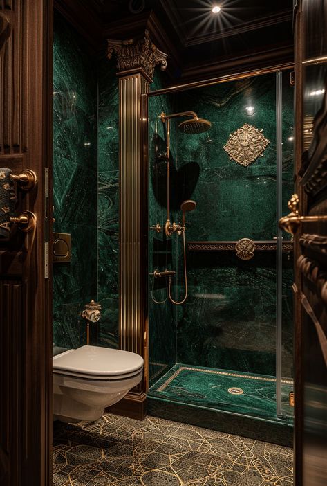 Art Deco bathroom decorated with stylish ideas that merge modern functionality with 1920s glamour Interior Art Deco, Drømme Bad, Bar Deco, Dekorere Bad, Art Deco Bathroom, Deco Bathroom, Dark Home Decor, Dark Home, تصميم للمنزل العصري