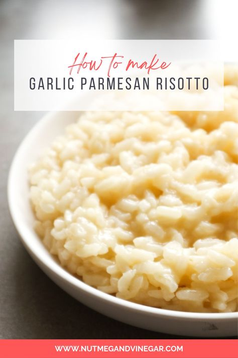 This creamy garlic parmesan risotto recipe is a versatile rice dish that you can make in less than 30 minutes! Cheesy risotto is the perfect side for all your favorite Italian recipes. Garlic Parmesan Risotto, Cheesy Risotto, Cheese Risotto, Parmesan Risotto, Risotto Rice, Risotto Recipe, Rice Dish, Risotto Recipes, Gluten Free Cheese