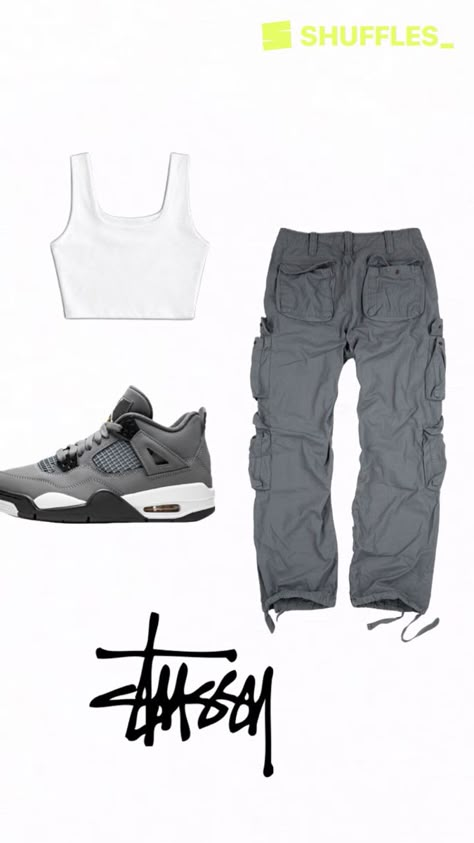 Outfits With Cargos, Cargos Outfits, Cargo Trousers Outfit, Outfits With Jordans, Cute Outfits With Jordans, Womens Cargo Trousers, Jordan 4 Outfit, 4s Outfit, Fashion Sweatpants