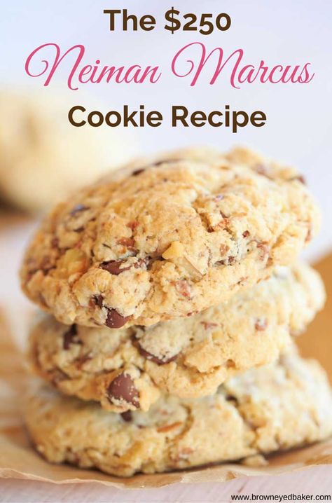 The famous $250 Neiman Marcus Cookie Recipe - made with ground oats, chocolate chips, grated chocolate and walnuts. | http://www.browneyedbaker.com/the-famed-neiman-marcus-cookie/ Neiman Marcus Cookie Recipe, Neiman Marcus Cookies, Famous Recipe, Brownie Cookies, Oatmeal Cookies, Chocolate Chip Cookie, Cookie Desserts, Yummy Cookies, Cookie Recipe